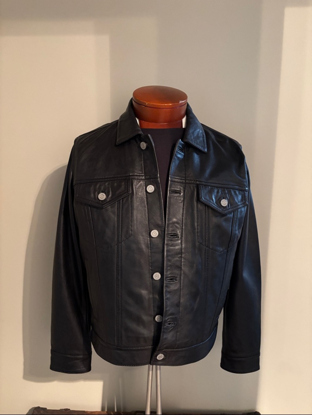 Lucky Brand Black Leather Jacket - Button-Front Trucker Style